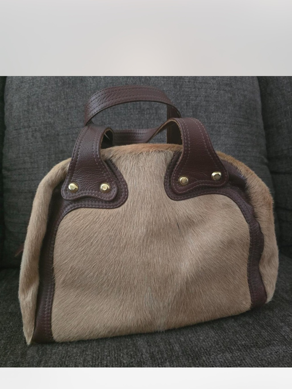 Goldenbleu Taupe Haircalf Satchel with Dark Brown Leather Trim